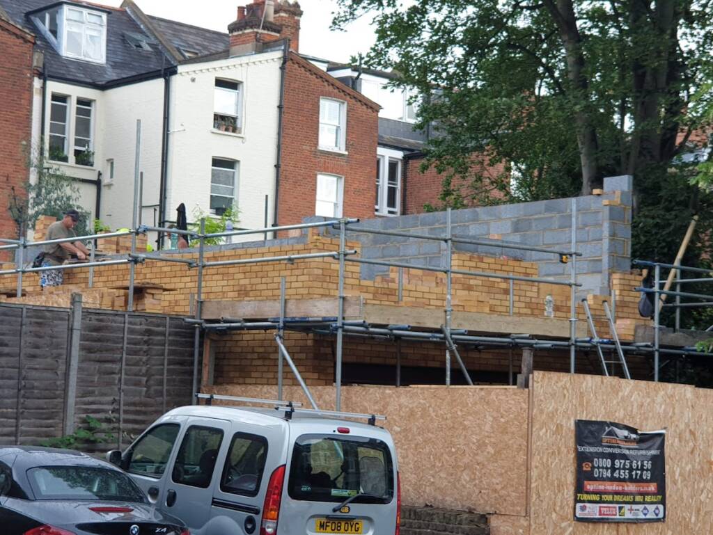 First floor construction and brickwork in progress on a new build project in West Hampstead by Optima Builders
