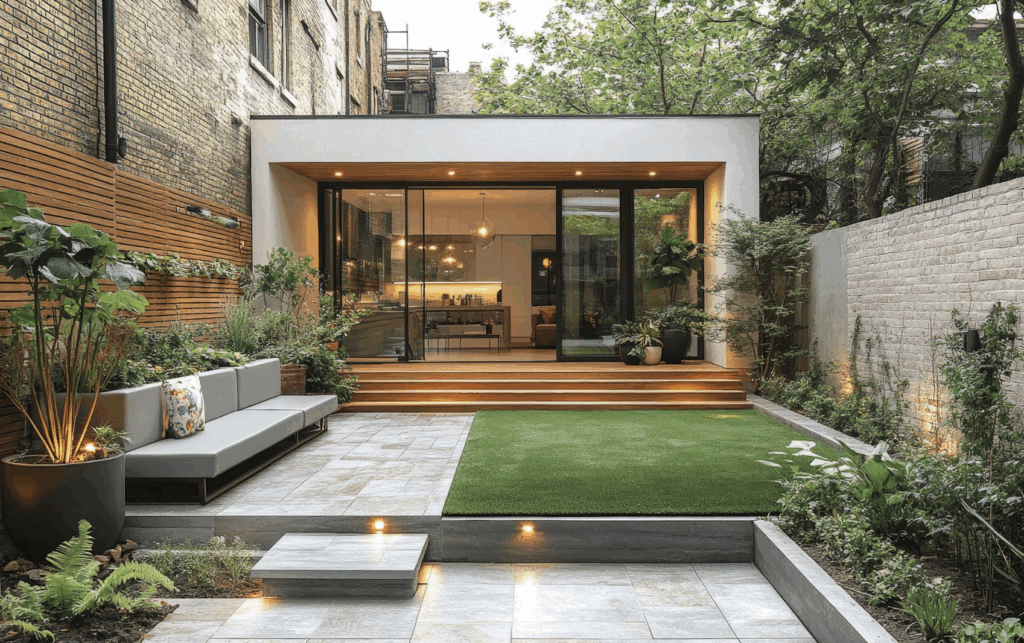 Bespoke summer house extension with modern sliding doors and garden landscaping