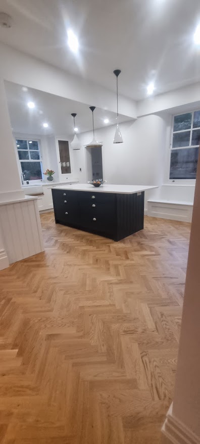 High-end Victorian house refurbishment in Muswell Hill conservation area with custom made hand painted kitchen