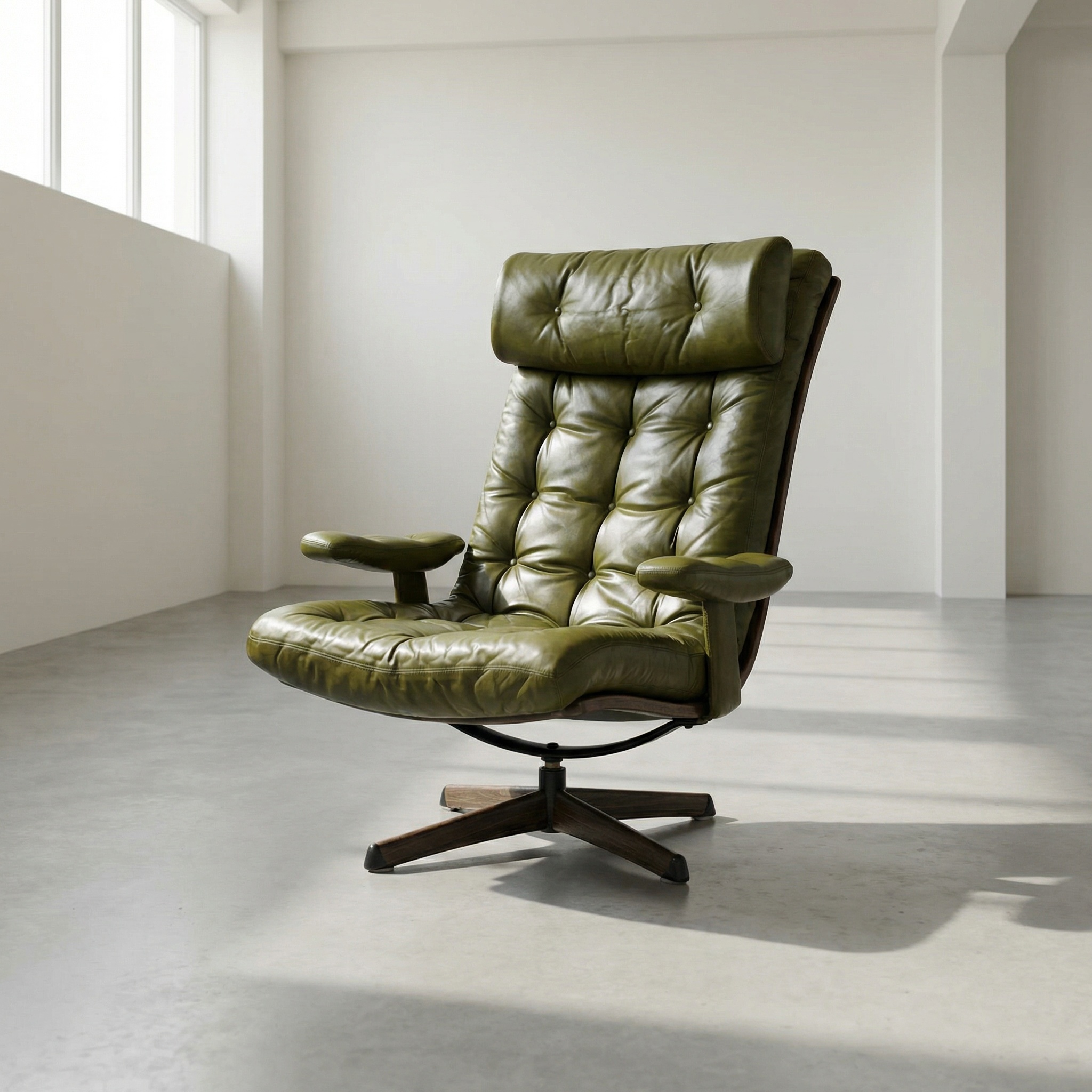 Vintage Swedish Göte Möbler “Delfin” Olive Green Mid Century Leather Swivel Armchair, 1970s,